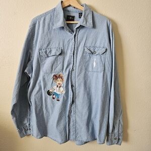 Wrangler Light Blue Denim Shirt with Embroidered Character XL